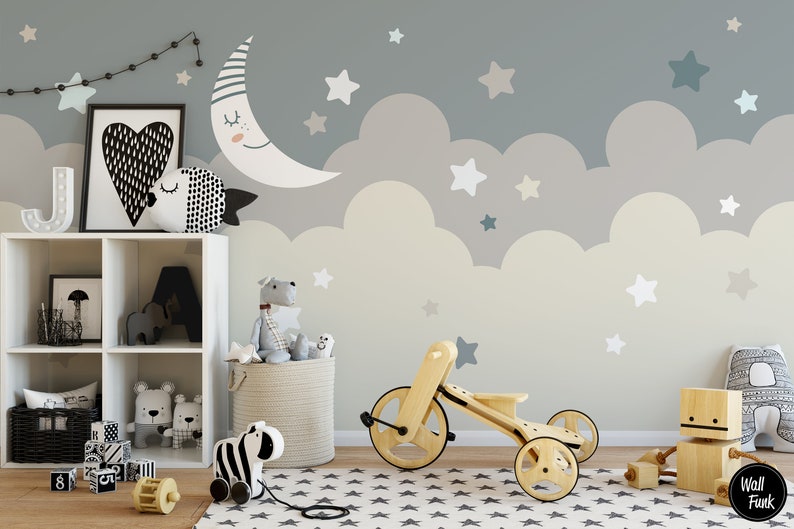 Stars and Moon Nursery Wallpaper Removable Nursery Wallpaper Etsy