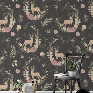 Papier peint Deer Boho, Bâton temporaire activé par l’eau sur papier peint, Décor mural Boho, Papier peint amovible de cerf, Papier peint amovible Boho, B # 05