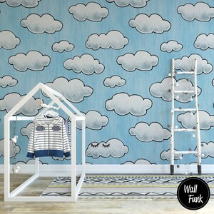 Cloud Nursery Boho Wallpaper, Boho Mural Nursery, Removable Cloud Wallpaper, Children&#39;s Nursery Wallpaper, Kid&#39;s Removable WallpaperN#131
