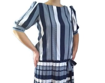 80s Navy blue dress for women Large Retro White Clothing Striped Pleated Puff Sleeve Medium Vintage Party dress Midi Costume for Halloween