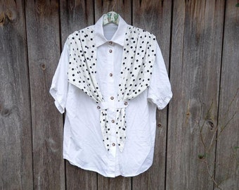 80s Vintage blouses womens White shirt Black Polka dots Retro Clothing Oversized Clothes women Party Size L Cotton Deadstock Office Classic