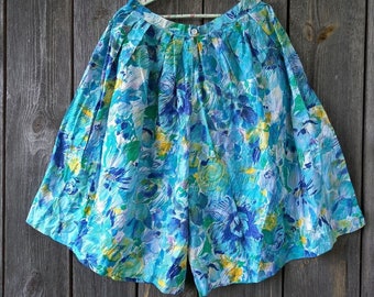 Jupe-short fleurie années 90 : imprimé iris bleu vintage, taille haute