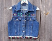 Vintage denim vest women Waistcoat jeans Distressed jacket Floral clothing Festival Boho Bohemian Aztec Design Colorful embroidered tribal