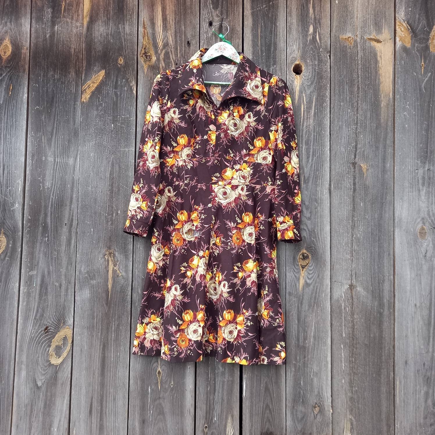 70s Floral Print Midi Dress: Vintage Brown Polyester, Size M - Etsy
