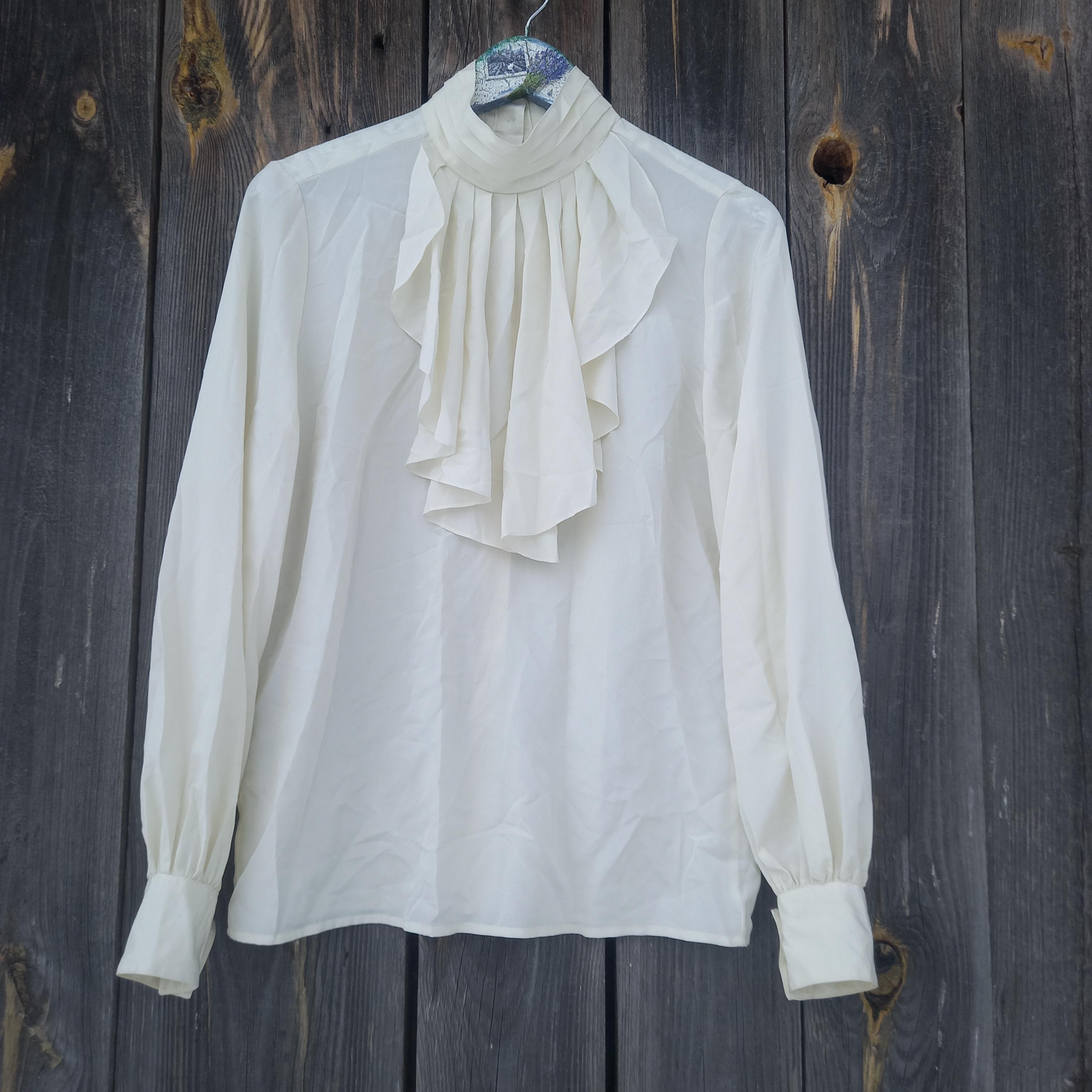 90s Vintage Ivory Jabot Blouse Women Long Sleeve Collar Ruffle Tie
