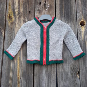 Op de afbeelding: Een grijze gebreide cardigan met een rode en groene rits en bies. De cardigan hangt aan een houten hanger.