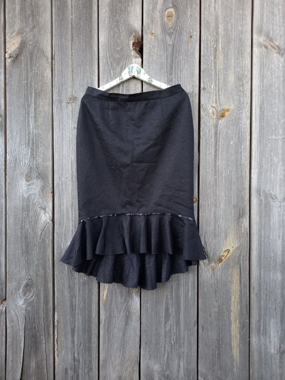 90s Black Ruffle skirt women Mid Elegant skirt wi… - image 1