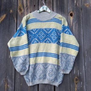 90s Turtleneck sweater for women 00s Vintage Jumper Blue Sweatshirt Oversize Gray Clothes womens y2k style Size S grandpa Christmas Colorful