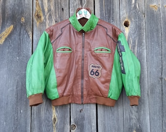 Vintage 80s Colorblock Leather Bomber Jacket: Kids Size 9-10