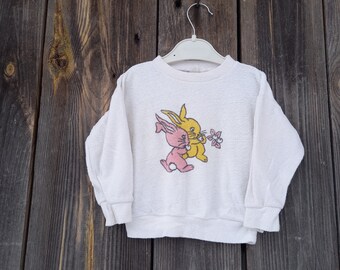 90s Terry Sweatshirt kids Vintage White knit sweater for Easter baby girl Streetwear Bunnies print Toddler Retro children's clothes 92 18 2T