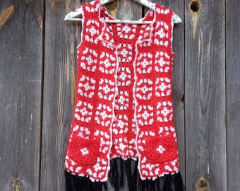 70s Knit Fringe Vest: Handmade Colorful Boho Hippie Cardigan (XS/S)
