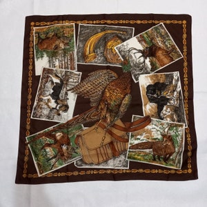 70s Fall animals Scarf Womens Hunting handkerchief Vintage Square Dog Deer Boar Pheasant Hanky Gift girlfriend mom grandma Retro Shawl Her
