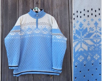 Blue knit sweater men 80s Vintage Jumper Sweatshirt Oversize White Clothes women Cardigan Boho Size XL Clothing grandpa Christmas Colorful