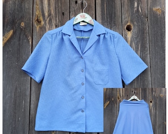 Vintage 70s Blue Skirt Suit: Striped Blouse & Skirt Set, Size M