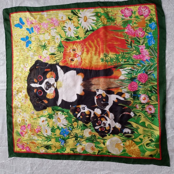 Green Scarf Womens Flowers handkerchief Dog Cat Puppies Vintage Square Hanky Pure Silk Valentine's Day Gift for girlfriend mom For grandma