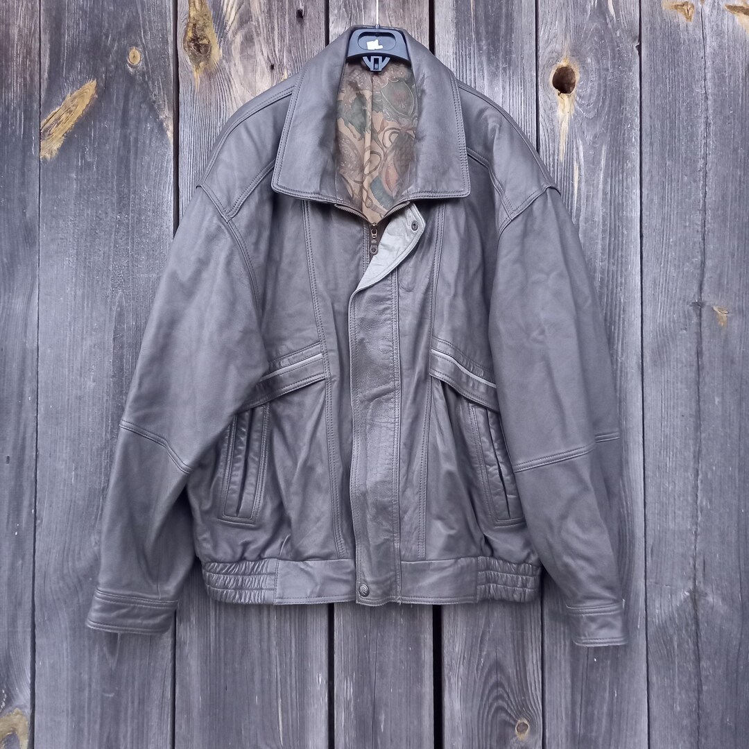 90s Vintage Gray Leather Bomber Jacket: XL Motorcycle Biker