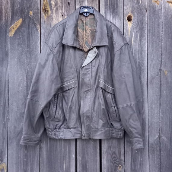 90s Vintage Gray Leather Bomber Jacket: XL Motorcycle Biker