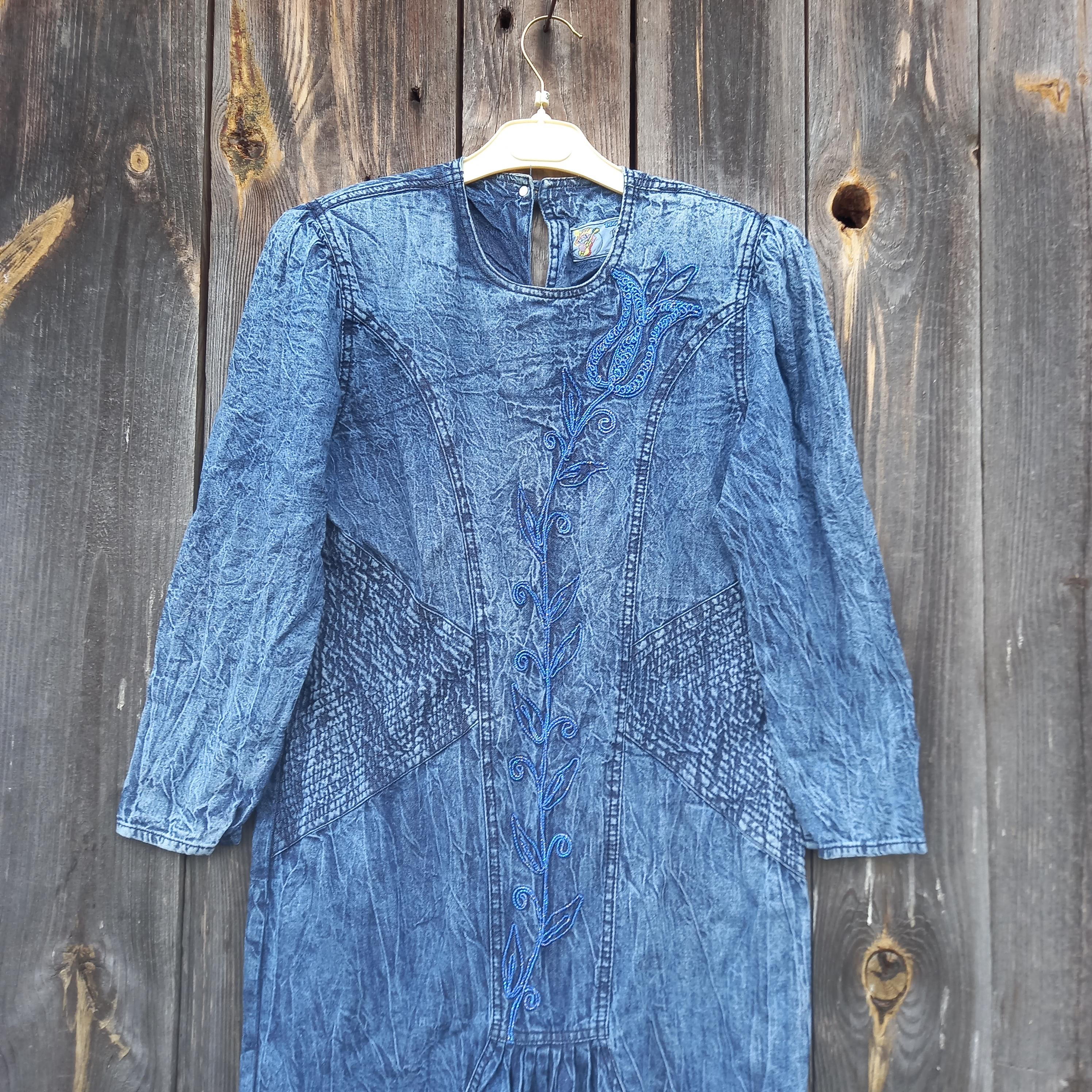 Vintage 80s Denim Dress Blue Embroidered Acid Wash Jean Dress Boho Floral Embroidery 1980s Distressed L Vintage 80s Denim Dress Blue Embroidered Acid Wash Jean Dress Boho Floral Embroidery 1980s Distressed L
