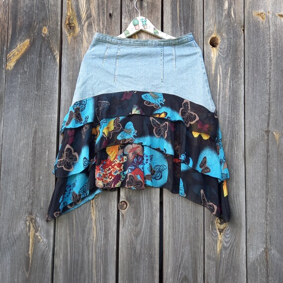 Y2K Denim Skirt: Vintage Asymmetrical Floral Ruffle Skirt (M) - Etsy