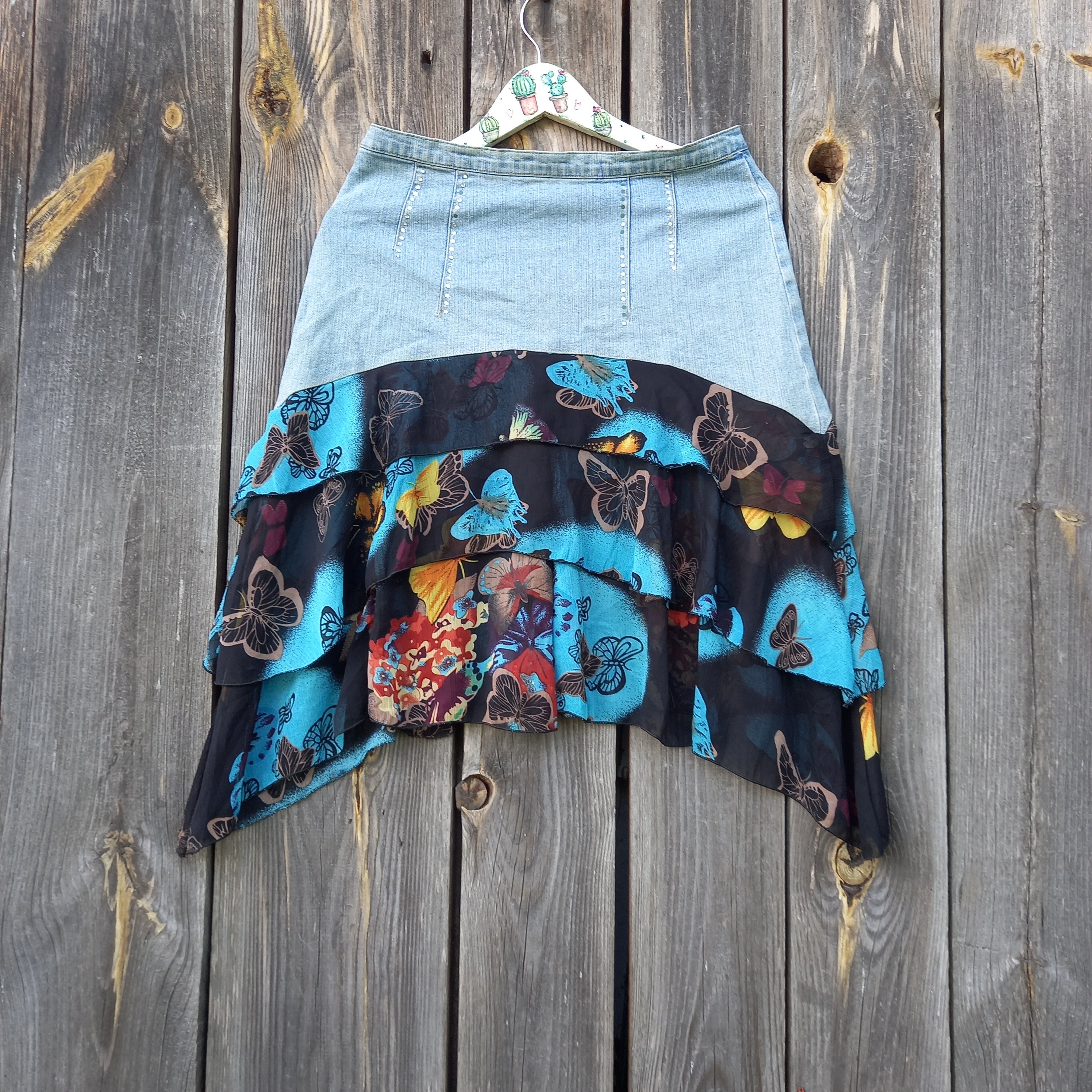 Y2K Denim Skirt: Vintage Asymmetrical Floral Ruffle Skirt (M) - Etsy