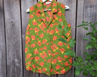 90s blouses womens Green Y2K Vintage Top Retro Colorful Clothing Party Oversized VTG Orange Clothes women flowers shirt L large Sleeveless