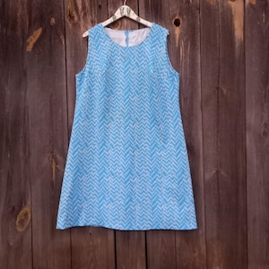 70s Mod Midi Dress: Vintage Blue White Polyester, Size L-XL