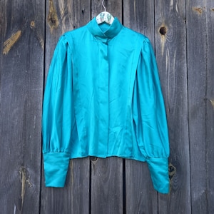 80s Green blouse for women Vintage summer blouses VTG Mod shirt Long sleeve Bat Retro clothes Oversize Clothing Large Made in W Germany