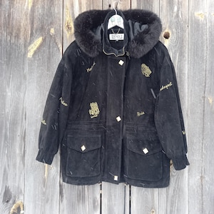 Veste en cuir daim vintage noire DINO'Z des années 80 pour femme des années 90 automne vêtements Parka manteau à capuche vêtements surdimensionnés style bohème taille L ou XL fermeture éclair