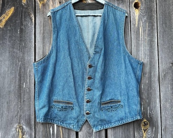 Vintage Alpine Denim Vest Men's XL Oktoberfest Trachten Waistcoat Embroidered Cotton Jean Vest Bavarian Folk Vest Western Gilet