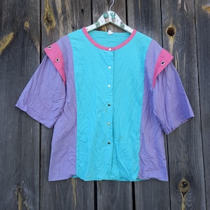 90s Colorful blouses womens 80s Vintage Purple Top Retro Clothing Party Oversized VTG Cotton Colorblok Clothes women shirt M Sort Sleeve