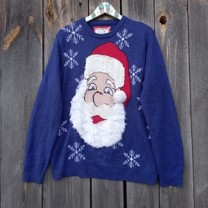 Y2K Blauer Strickpullover Männer oder Frauen 00er Jahre Weihnachten Weihnachtsmann Vintage Pullover Sweatshirt Oversize Kleidung Frauen Strickjacke Boho Größe L Kleidung