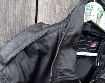 90s Vintage Black Leather Aviator Jacket: Retro Motorcycle Bomber