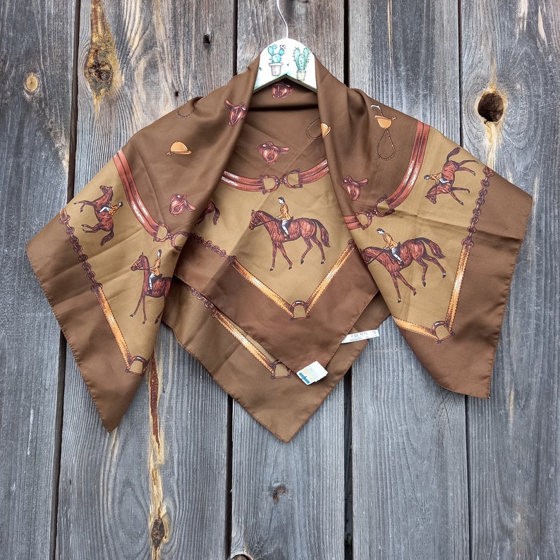 70s Scarf Womens Horse Brown Handkerchief Fall Riding Vintage Horse