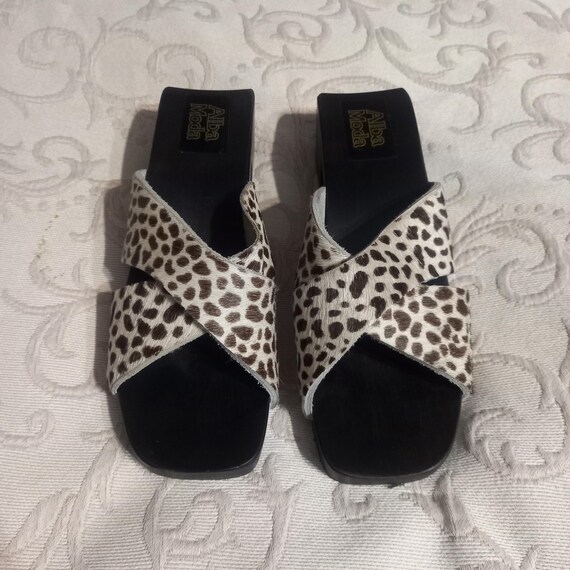 Zoccoli in pelle vintage anni '90 con plateau e tacco in legno