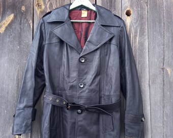 1990s Black Leather Trench Coat Men 90s Spring Vintage