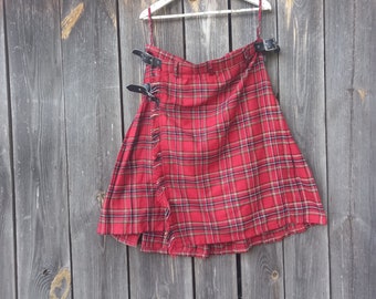 90s Red Plaid Skirt womens Pleated Vintage Kilt men Tartan Scottish style Clothing for woman Festival Clothes Tennis Size L Large XL