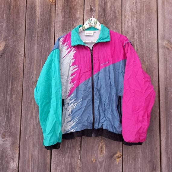 80s Pink Windbreaker Womens 90s Vintage Sport Clothing Unisex Jacket Mens S or M Color Blocking Streetwear Clothes Colorful Track Streetwear