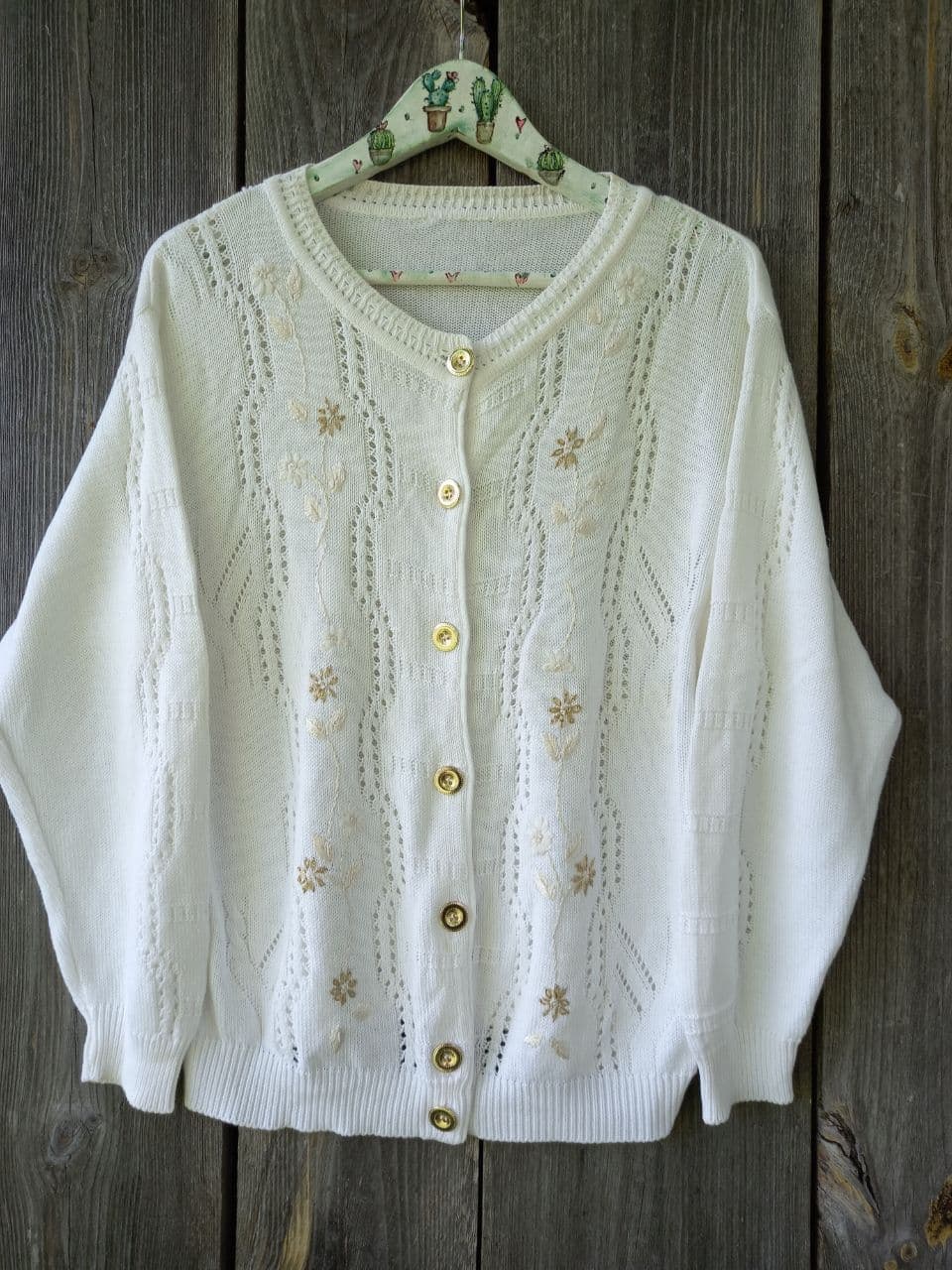 Vintage Embroidered Knit Cardigan: 90s Boho Hippie Sweater (L/XL