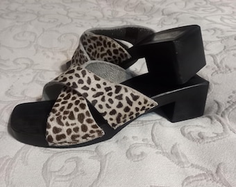 Vintage Animal Print Leather Clogs: 90s Platform Wood Heel Mules - Size 7