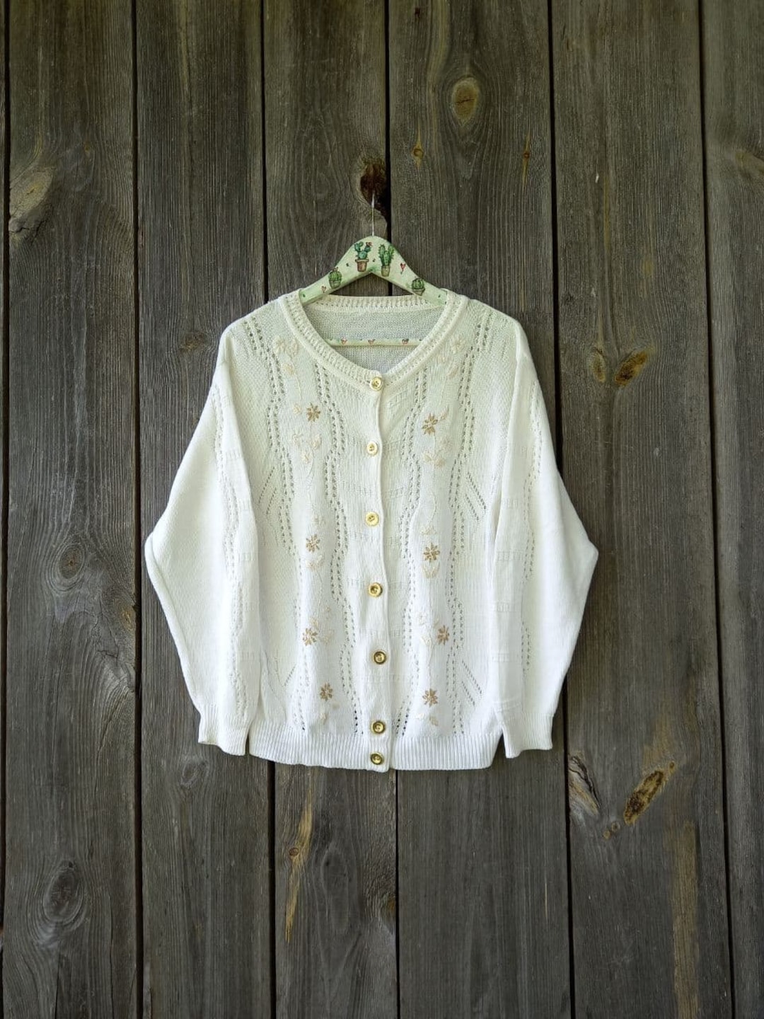 トップス 80s 90s ITALY cotton cable cardigan EURO Vintage Embroidered Knit Cardigan: 90s Boho Hippie Sweater