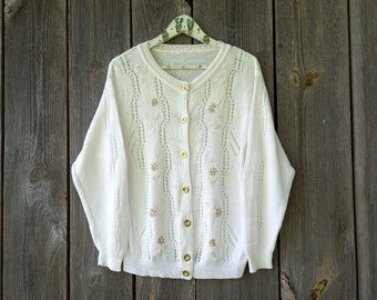 90s White Knit sweater Embroidered women Vintage Sweatshirt Oversize jumper 80s Hippie cardigan Boho jacket Large XL Mexican Clothing Blazer