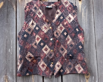Vintage Tapestry Patchwork-väst: 90-tals Boho Layered Layered-topp XL/XXL