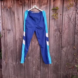 Vintage Windbreaker sport pants joggers track Blue Retro nylon White trousers Size L Women clothing men Elastic Waist Parachute Sportswear