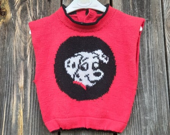 Gilet en tricot rouge fait main vintage pour enfants des années 90 pour bébé fille garçon broderie dalmatien chien bambin rétro vêtements pour enfants 2T 3T