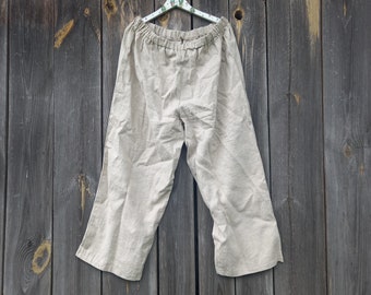 00s Linen pants women or men festival Beige Flare Trousers Y2K Vintage Clothes Elastic waist Retro Hippie Bohemian Сlothing XL Extra Large