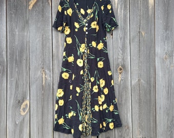 90s Sundress Flowers 1990s Vintage dresses for women Clothing farmhouse Retro clothes Rustic Summer Beach clothes robe Button Down M Medium