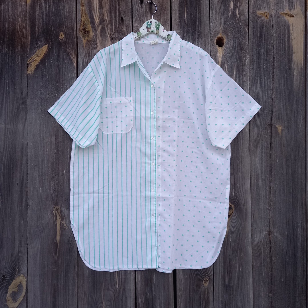 90s Vintage Striped Polka Dot Nightshirt: L/XL Green & White Nightgown ...