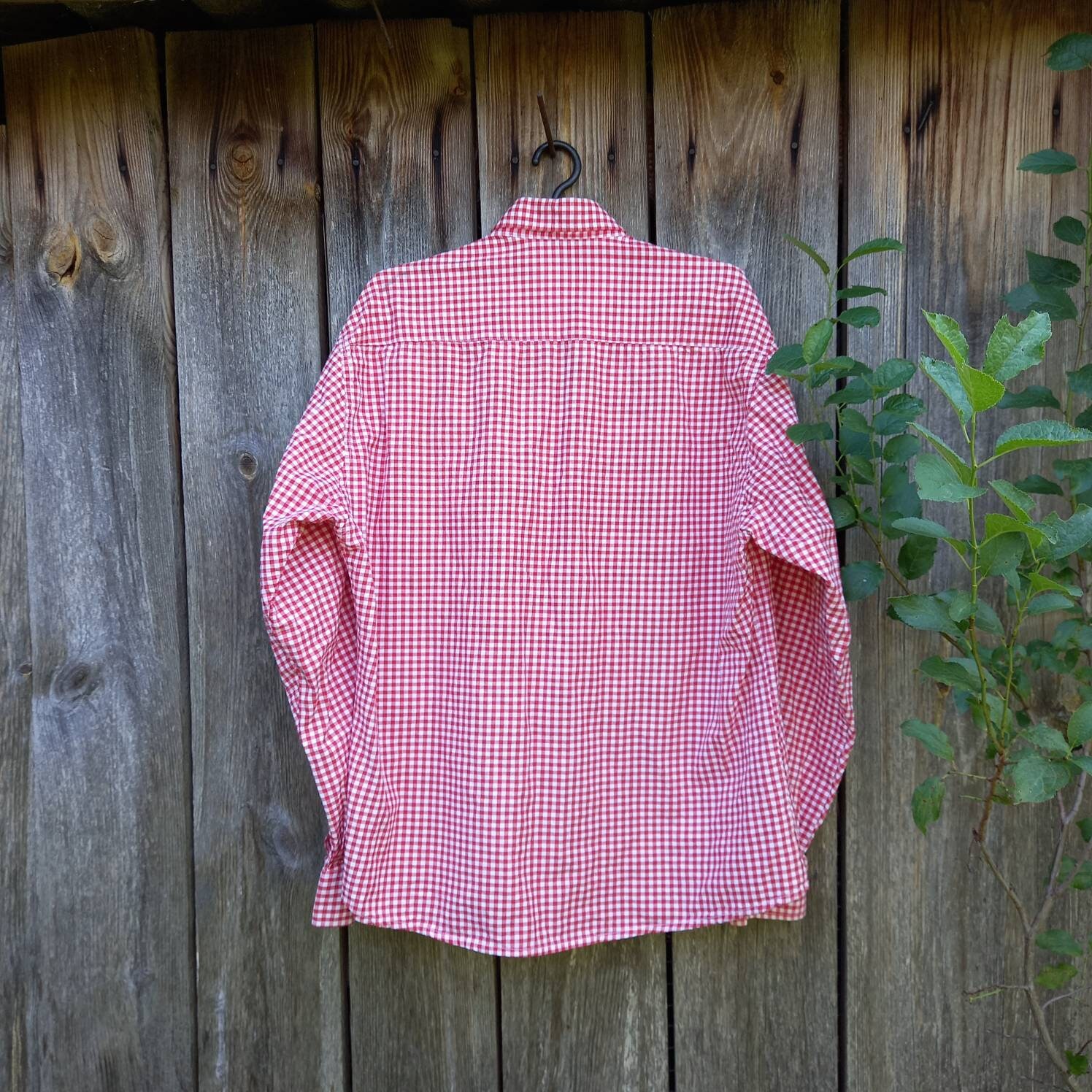 Red White Shirt Men Checkered Plaid Trachten Dirndl Vintage