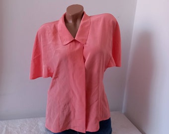 80s Vintage Coral Blouse: Retro Festival Top, Short Sleeve