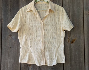 Blusa de algodón bordada de los años 80: Camisa vintage color amarillo claro